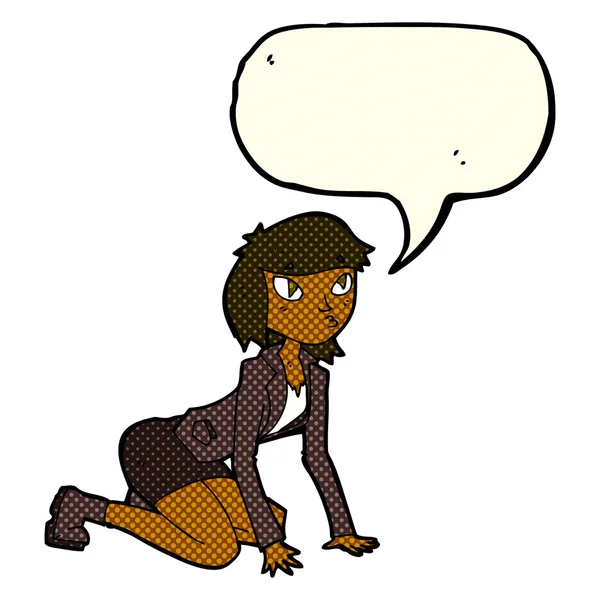 Femme dessin animé sur les mains et les genoux avec bulle de parole — Image vectorielle