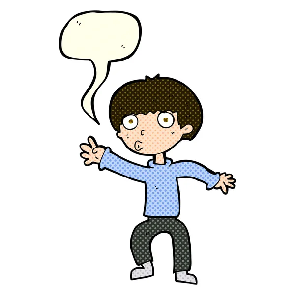 Мультяшный мальчик машет предупреждением с пузырьком речи — стоковый вектор