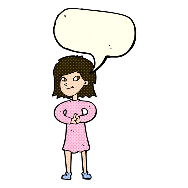 Desenho animado mulher feliz com bolha de fala —  Vetores de Stock
