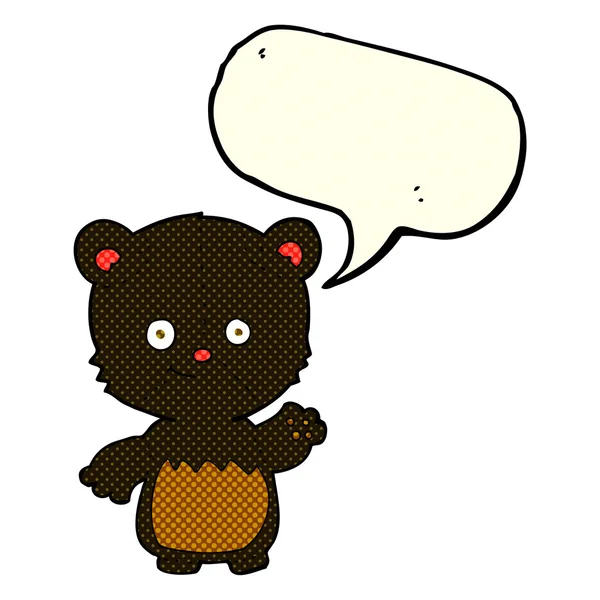 Cartone animato piccolo orso nero agitando con bolla discorso — Vettoriale Stock