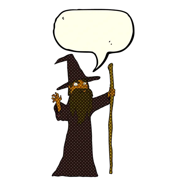 Cartoon spooky wizard with speech bubble — Stock Vector