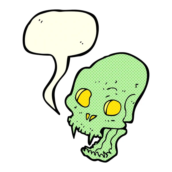 Dibujo animado espeluznante cráneo de vampiro con burbuja de habla — Vector de stock