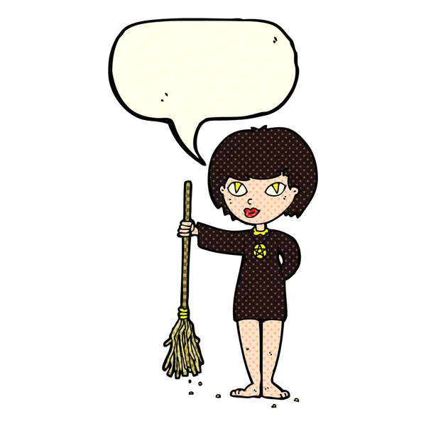 Cartoon menina bruxa bonita com bolha de fala — Vetor de Stock