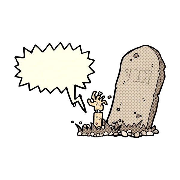 Cartoon zombie rising from grave with speech bubble — Stock Vector