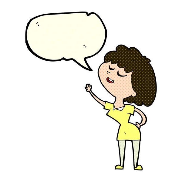 Cartoon happy woman about to speak with speech bubble — Stock Vector