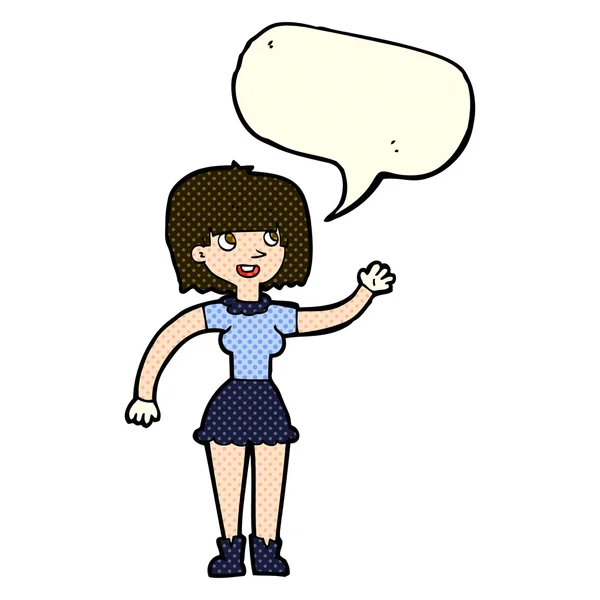 Chica de dibujos animados ondeando con la burbuja del habla — Vector de stock