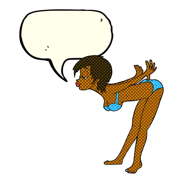 Cartoon Pin Up Mädchen im Bikini mit Sprechblase — Stockvektor