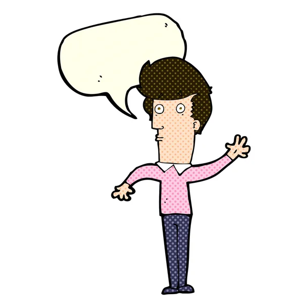 Cartoon nervous man waving with speech bubble — Stock Vector