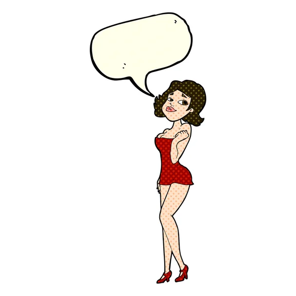 Cartoon attractive woman in short dress with speech bubble — Stock Vector