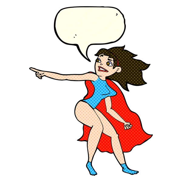 Cartoon superhero woman pointing with speech bubble — Stock Vector