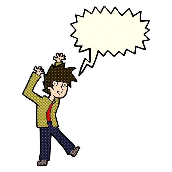 Cartone animato ragazzo eccitato con la bolla discorso — Vettoriale Stock