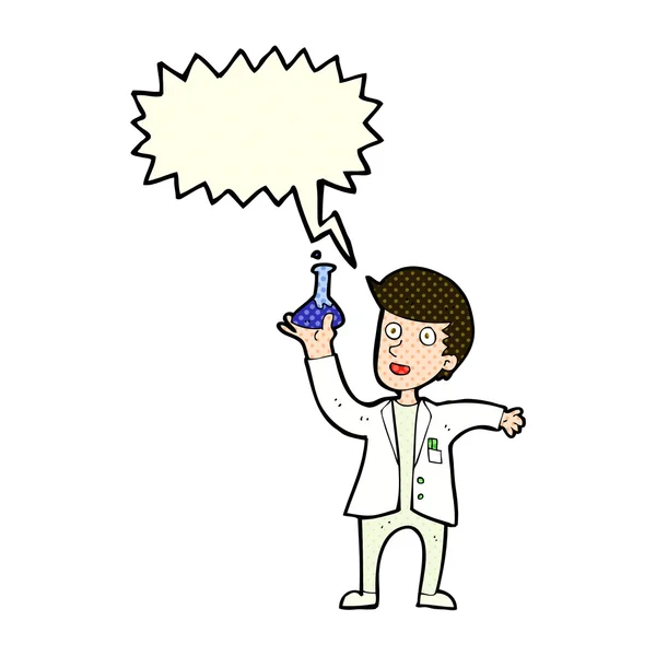 Cartoon happy scientist with speech bubble — Stock Vector