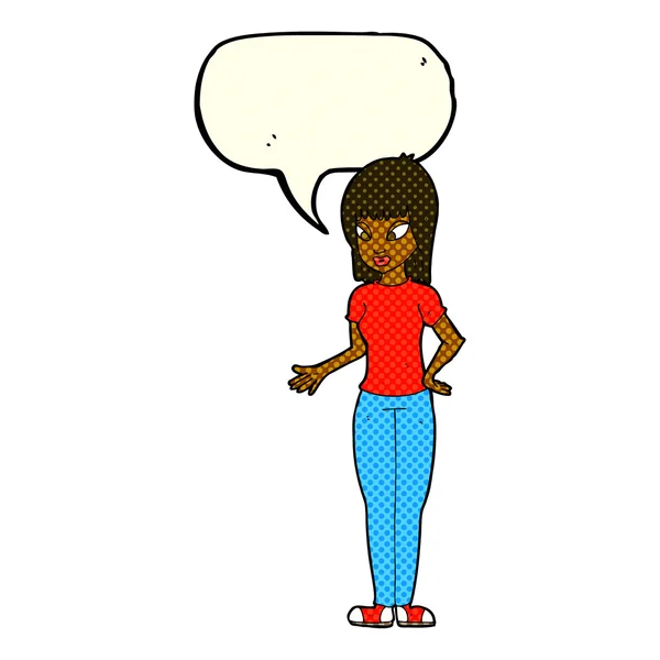 Γυναίκα κινουμένων σχεδίων, εξηγώντας με το συννεφάκι λόγου — Διανυσματικό Αρχείο