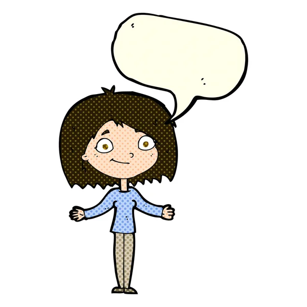 Cartoon woman shrugging shoulders with speech bubble — Stock Vector