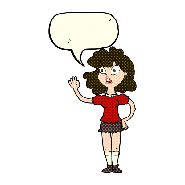 Cartoon worried woman waving with speech bubble — Stock Vector