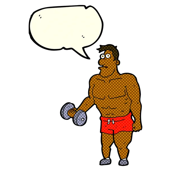 Uomo dei cartoni animati sollevamento pesi con bolla discorso — Vettoriale Stock
