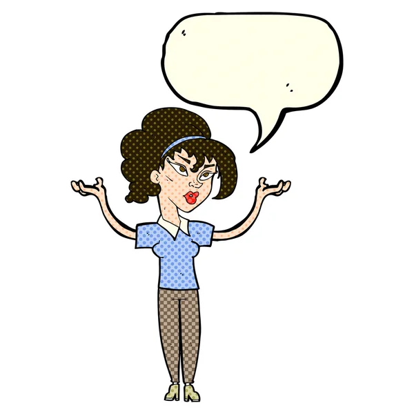 Cartoon woman raising hands in air with speech bubble — Stock Vector