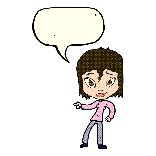 Kreslené uvolněné žena ukazuje s bublinou řeči — Stockový vektor
