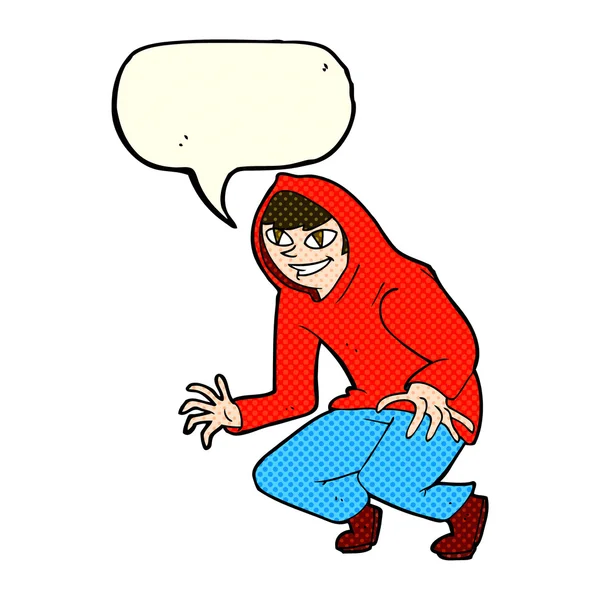 Cartoon mischievous boy in hooded top with speech bubble — Stock Vector