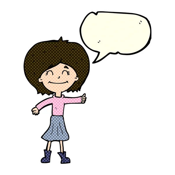 Мультфильм счастливая девушка давая большие пальцы вверх символ с мыльным пузырем речи — стоковый вектор