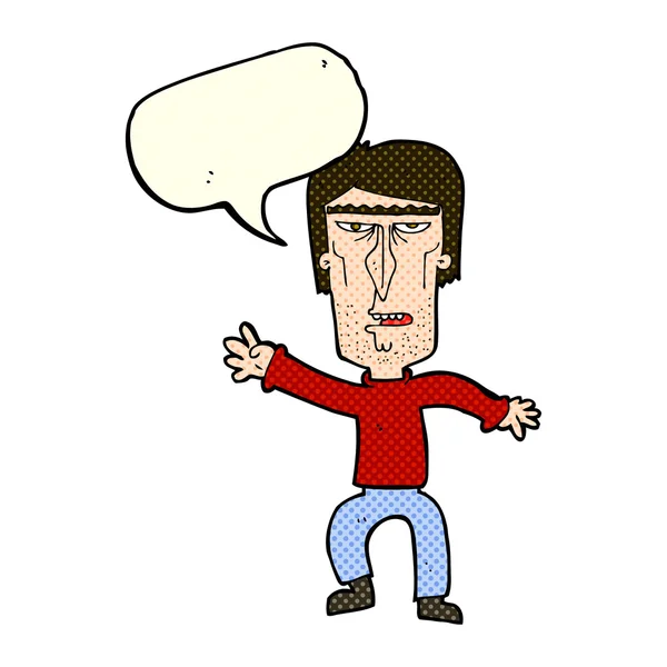 Desenho animado irritado homem acenando aviso com bolha de fala —  Vetores de Stock