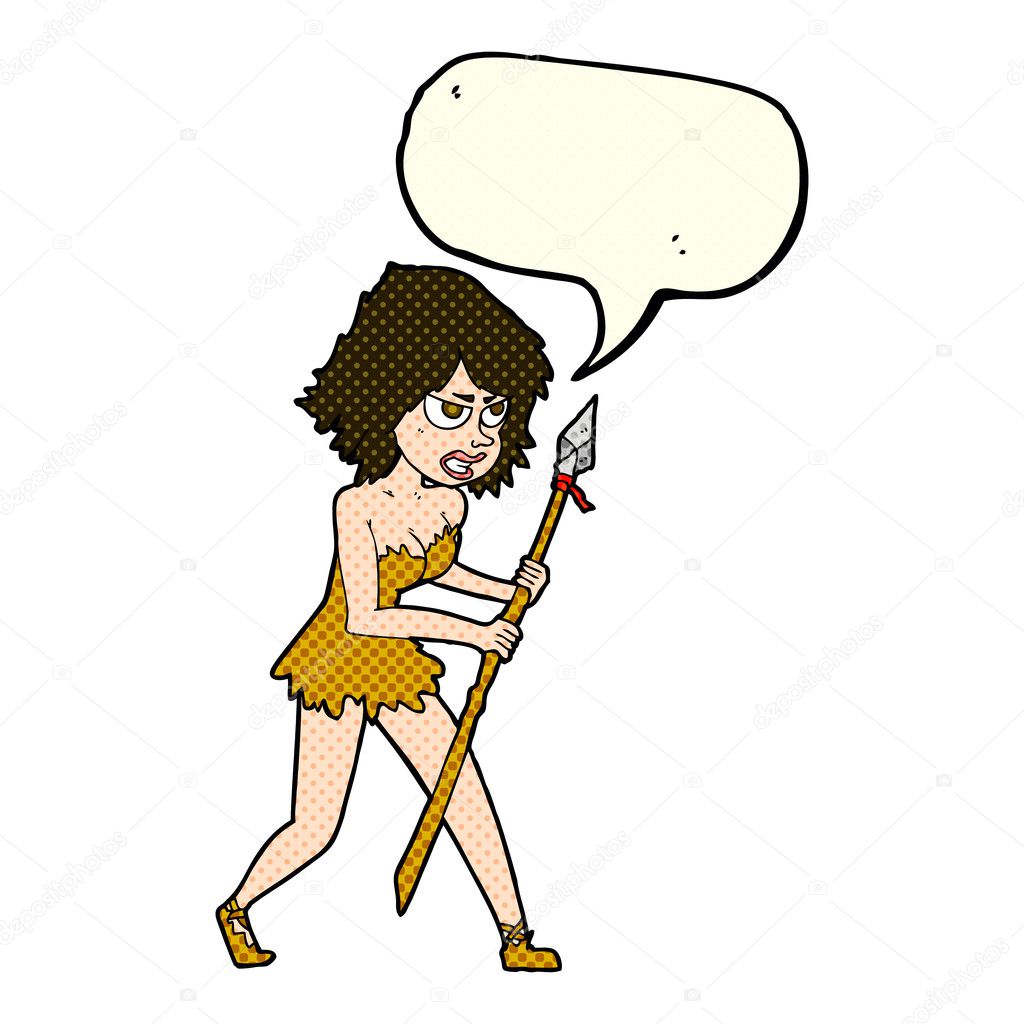 cartoon cave girl with speech bubble