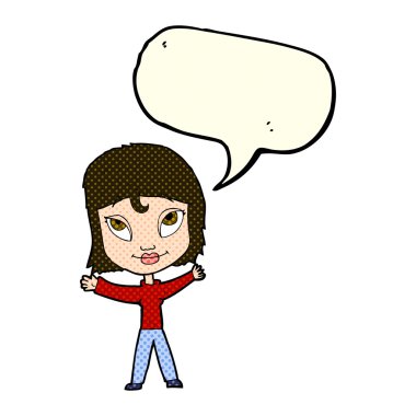 karikatür mutlu kadın konuşma balonu kollarını sallayarak