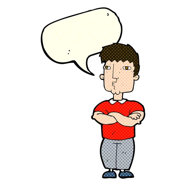 Cartoon man with crossed arms with speech bubble — Stock Vector