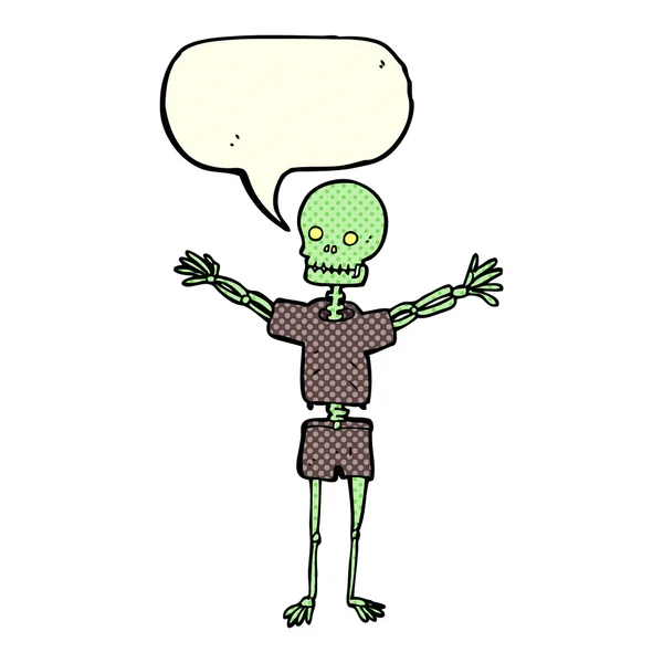 Cartoon-Skelett in Kleidung mit Sprechblase — Stockvektor