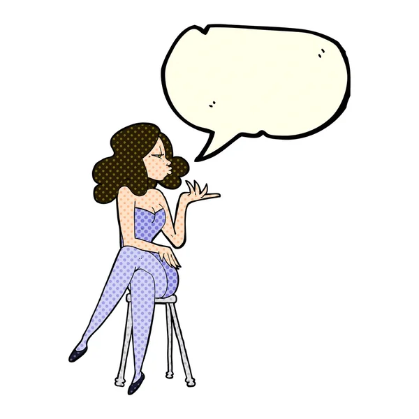 Γελοιογραφία γυναίκα που κάθεται στο μπαρ σκαμπό με το συννεφάκι λόγου — Διανυσματικό Αρχείο
