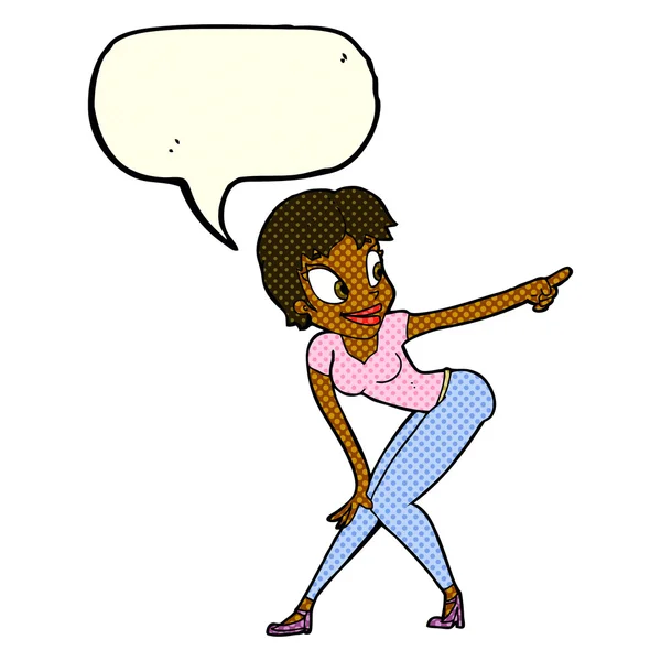 Dessin animé jolie femme pointant avec bulle de parole — Image vectorielle
