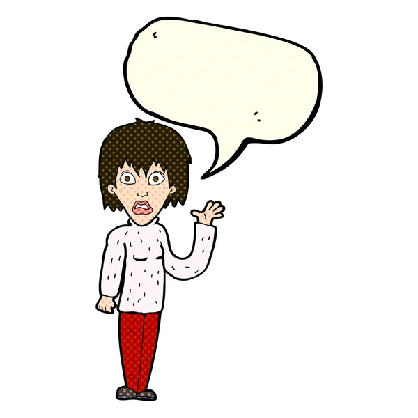 Γελοιογραφία σοκαρισμένος γυναίκα κουνώντας το χέρι με το συννεφάκι λόγου — Διανυσματικό Αρχείο