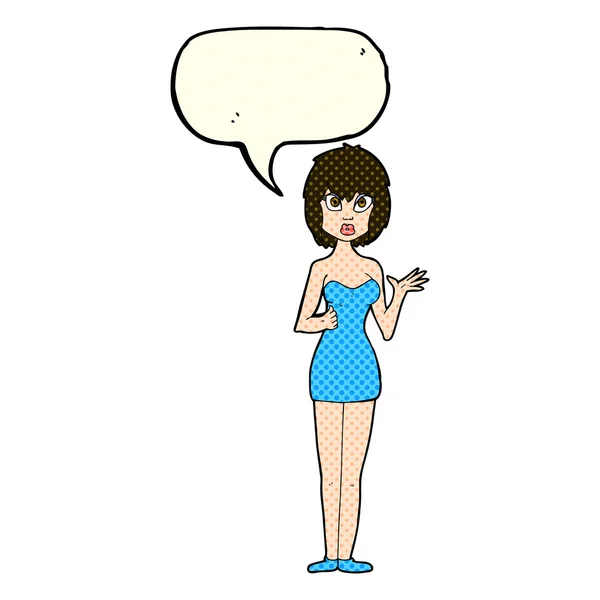 Desenho animado mulher confusa em vestido de cocktail com bolha de fala —  Vetores de Stock