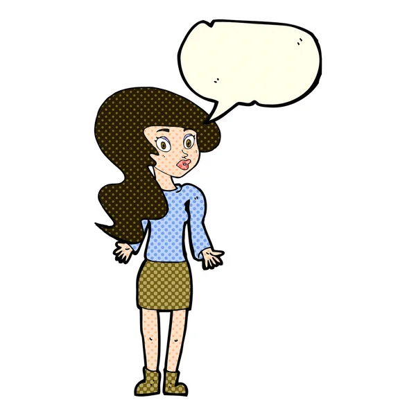 Cartoon woman shrugging shoulders with speech bubble — Stock Vector