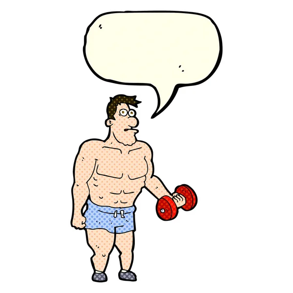 Γελοιογραφία άνθρωπος άρση βαρών με φούσκα ομιλία — Διανυσματικό Αρχείο