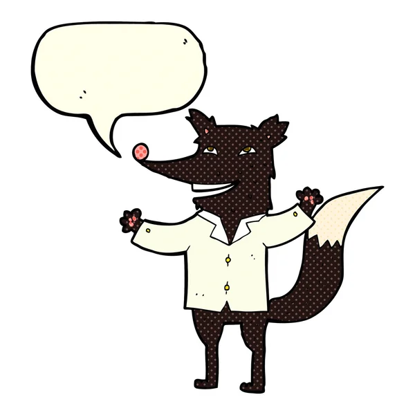 Dessin animé loup heureux portant chemise avec bulle de parole — Image vectorielle