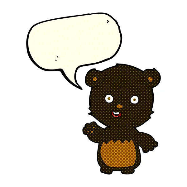 Cartoon waving black bear cub with speech bubble — Stock Vector
