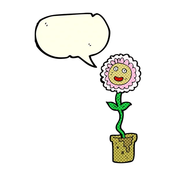 Cartoon-Blume mit Gesicht mit Sprechblase — Stockvektor