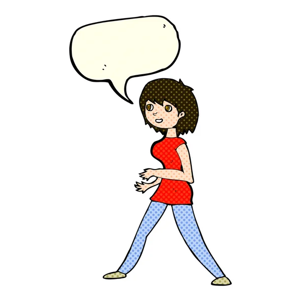 Cartoon woman walking with speech bubble — Stock Vector