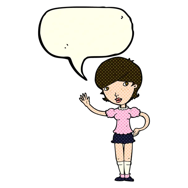 Desenho animado menina acenando com fala bolha — Vetor de Stock