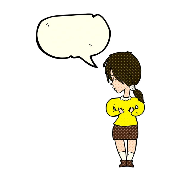 Κινουμένων σχεδίων ντροπαλή γυναίκα με φούσκα ομιλία — Διανυσματικό Αρχείο