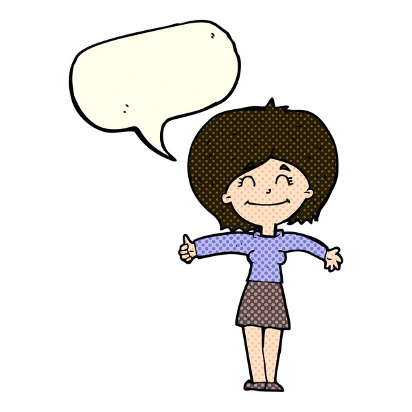 Cartoon mulher dando polegares para cima sinal com bolha de fala —  Vetores de Stock
