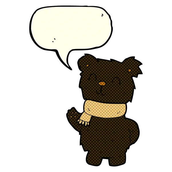 Cartoon waving black bear with speech bubble — Stock Vector