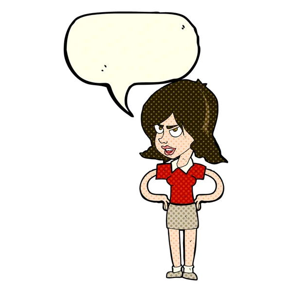 Karikatür rahatsız kadınla konuşma balonu ile kalça üzerinde eller — Stok Vektör