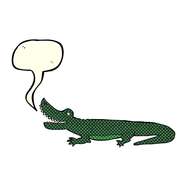 Crocodilo feliz desenhos animados com bolha de fala — Vetor de Stock