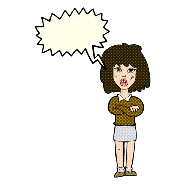 Cartoon toughe Frau mit verschränkten Armen mit Sprechblase — Stockvektor