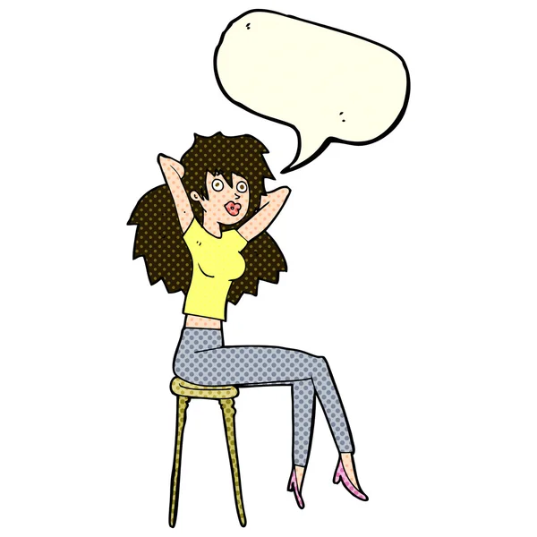 Cartoon woman posing on stool with speech bubble — Stock Vector