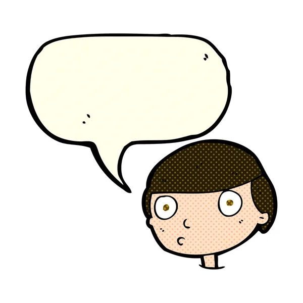 Cartoon jongen staren met spraak zeepbel — Stockvector