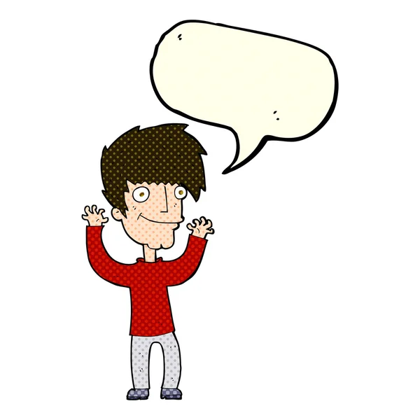 Homem dos desenhos animados acenando braços com bolha de fala — Vetor de Stock