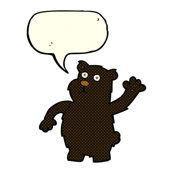 Cartoon waving black bear with speech bubble — Stock Vector